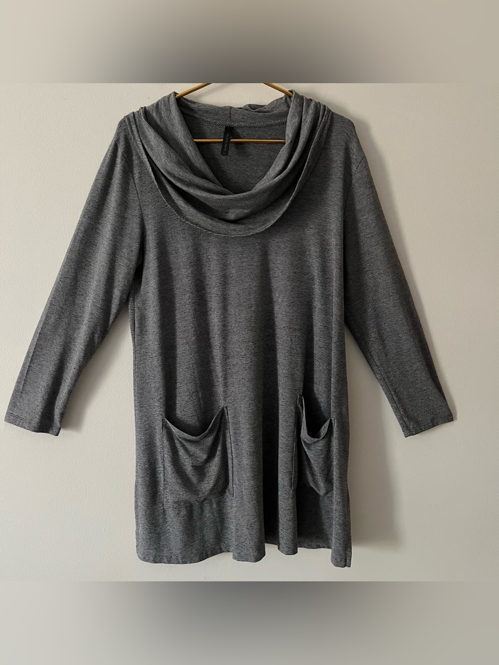 Match Point Gray Black Stripe Cowl Neck Tunic Slouchy Pockets Lagenlook Arty L